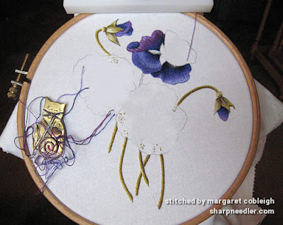 Thread painting the top pansy (Pansies designed by Trish Burr)
