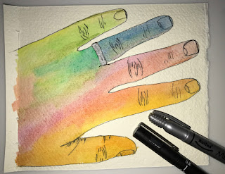 watercolour painted hand, multicolour drawing, two pens