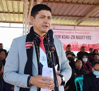 CYMA President delivering a heartfelt speech during the Kuki-Zo community's last rites ceremony in Southern Manipur, emphasizing unity and shared destiny between Mizo and Kuki-Zo communities.
