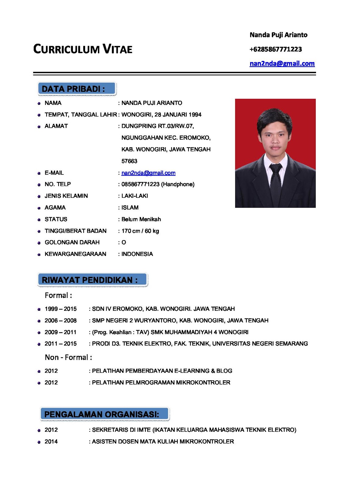 Contoh CV (Curriculum Vitae) atau Daftar Riwayat Hidup terbaru 2016 ...