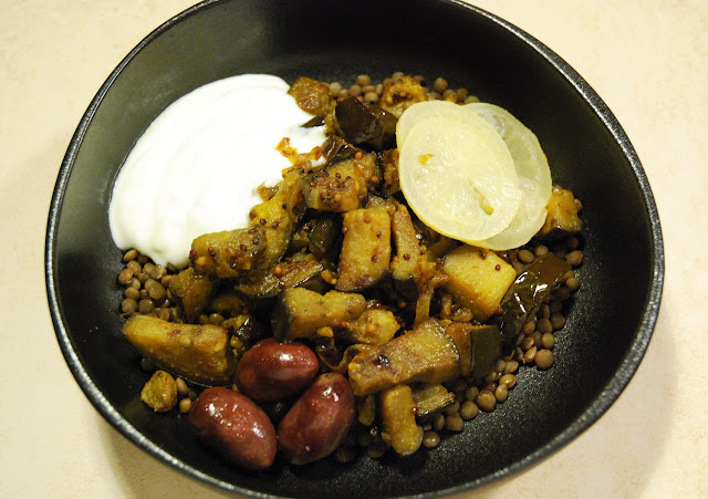 Lentilles aux aubergines confites au curcuma et cumin