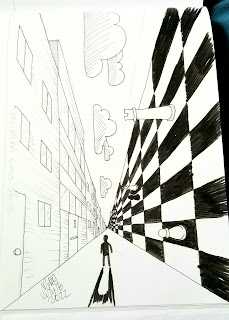 A photograph of a pen and ink drawing in a sketchbook. The drawing is of a lone figure, with a long strait road in front of them. On the right are large buildings. On the left is a giant chess board on it's side, with huge chess pieces. above the figure are clouds in the sky, but they are sideways instead of upright.