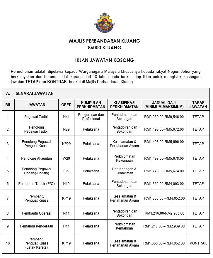 Jawatan Kosong Kerajaan 2017 di Majlis Perbandaran Kluang 