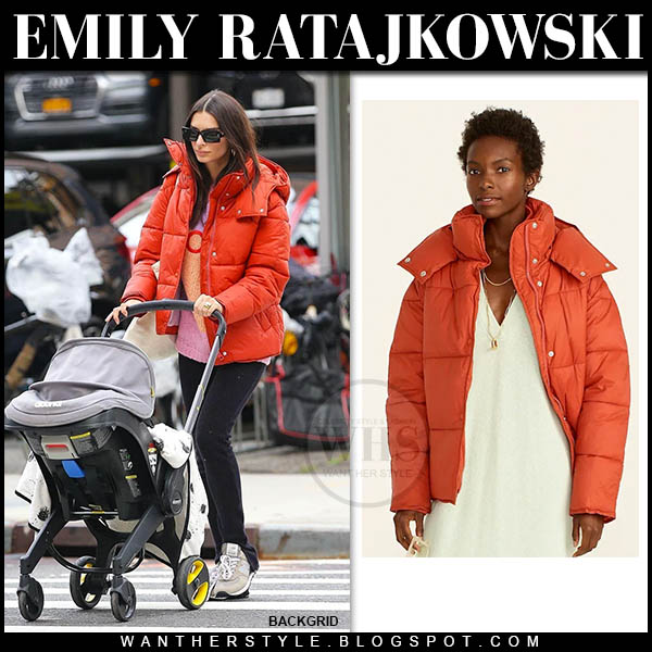 Emily Ratajkowski in red puffer jacket and leggings