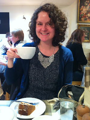 Me with my lemon poppyseed cake and tea at Molly's Tea Rooms
