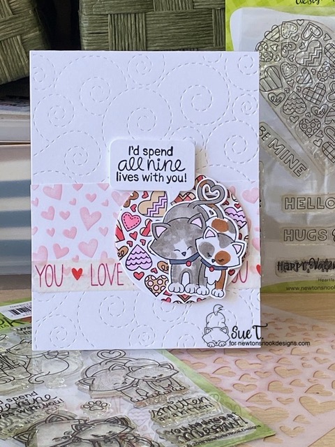 I'd spend all nine lives with you by Sue features Newton's Sweetheart, Heartfelt Love, and Tumbling Hearts by Newton's Nook Designs; #inkypaws, #newtonsnook, #cardmaking, #catcards, #lovecards