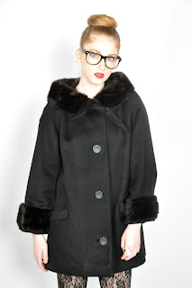 Vintage 1960's black wool mod style coat with mink fur collar and cuffs.