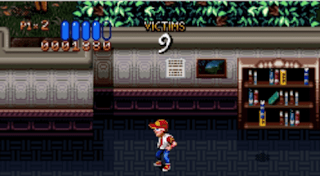 Shows boy wearing red hat and sunglasses and also white  white shirt with red showing and blue jeans and bed and white shows in 1900 style of building here with library  bookshelf here with forest trees on top of the screen and grey coloured floor and P1=2 health bar four out of five Victims 9 and score 0001880.png