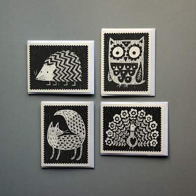 Owl, Fox, Hedgehog and Peacock silk-screened greetings