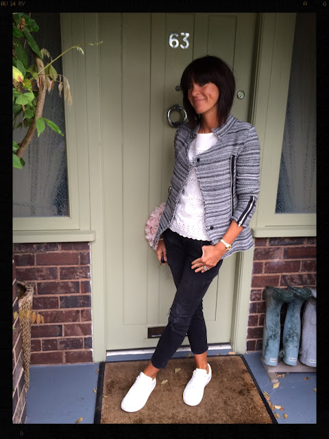 My Midlife Fashion, Knitted Jacket, Embroidery Anglaise, Distressed Denim, Trainers, Mango, Zara, Mint Velvet