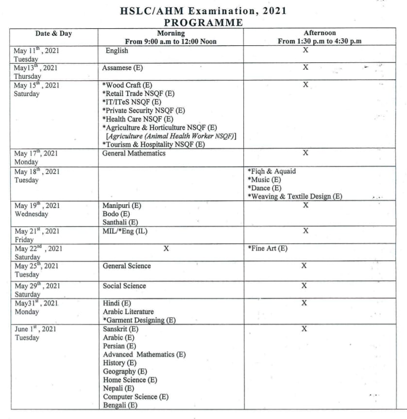 Assam HSLC Exam Routine 2021