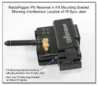 CP1104AD: RadioPopper PX Receiver in PX Mounting Bracket Showing Interference Location of IR Sync Jack