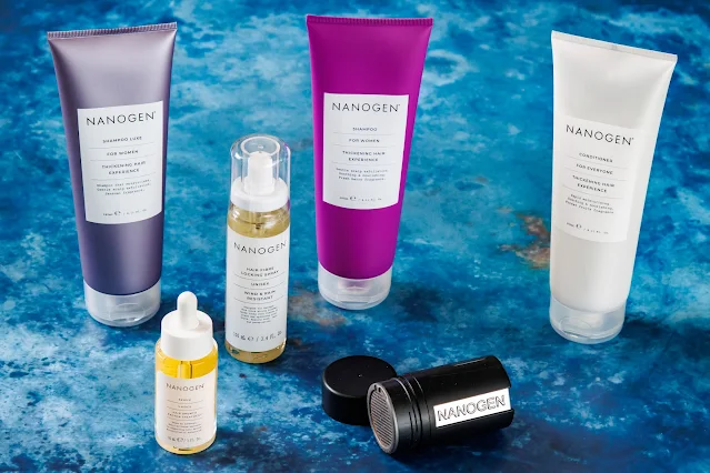 The Nanogen product range for women including shampoo, hair fibres and serum