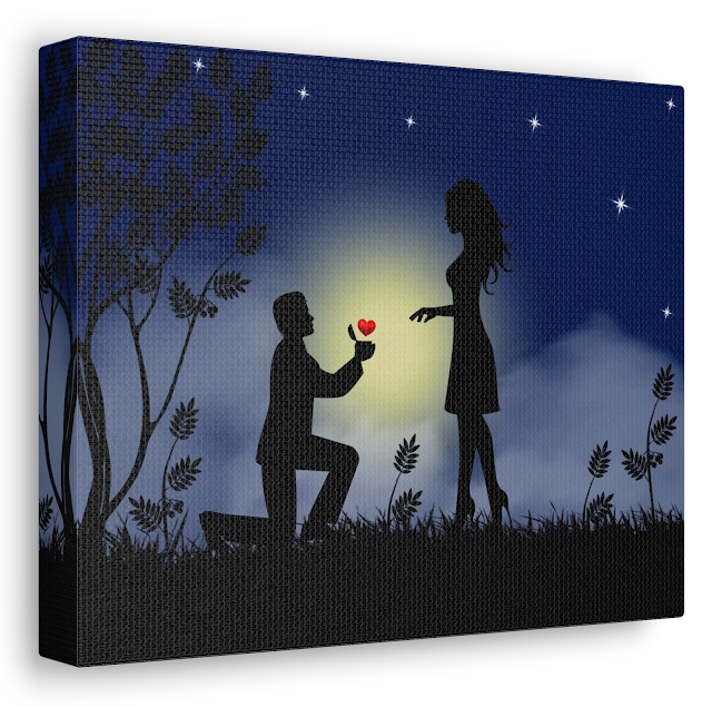 Valentine Canvas Gallery Wrap With Silhouette of Man Kneeling Proposing a Girl With Heart and Galaxy Background