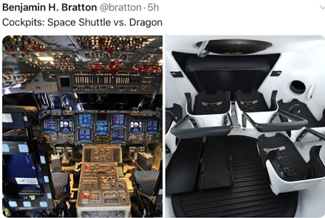 Comparing cockpit control for Shuttle and Dragon (Source: Tweet from B. Bratton)