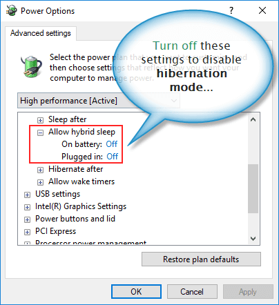Turn off hibernation mode through power options dialogue box