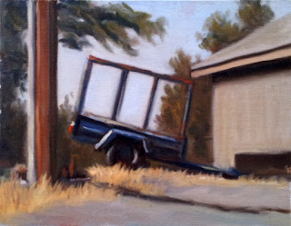 Oil painting of a blue trailer with stock crate beside a farm shed and a telephone pole.