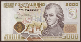 Austria currency 5000 Austrian Schilling banknote, Wolfgang Amadeus Mozart