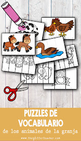 Puzzle de vocabulario clave de los animales de la granja para recortar, colorear y leer en el aula de inglés de educación infantil y educación primaria. Recurso imprimible para descargar gratis