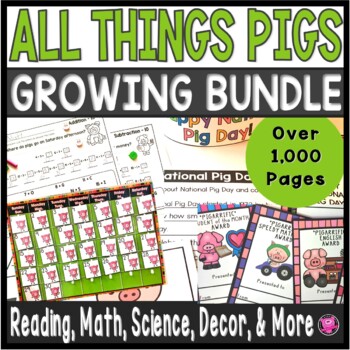 Turn your love of Pigs into fun, educational, and adorable activities with this All Things Pigs GROWING Bundle! These pig thematic educational activities provide you with reading comprehension lessons, math practice worksheets, classroom decor, end-of-year awards, bookmarks, writing activities, National Pig Day activities, and more!