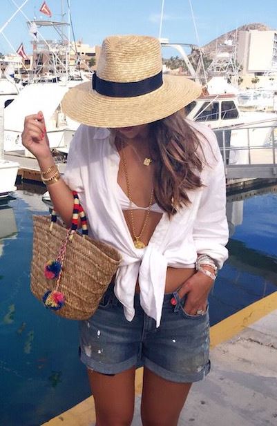 cute vacation summer outfit / hat + bag + white shirt + denim shorts