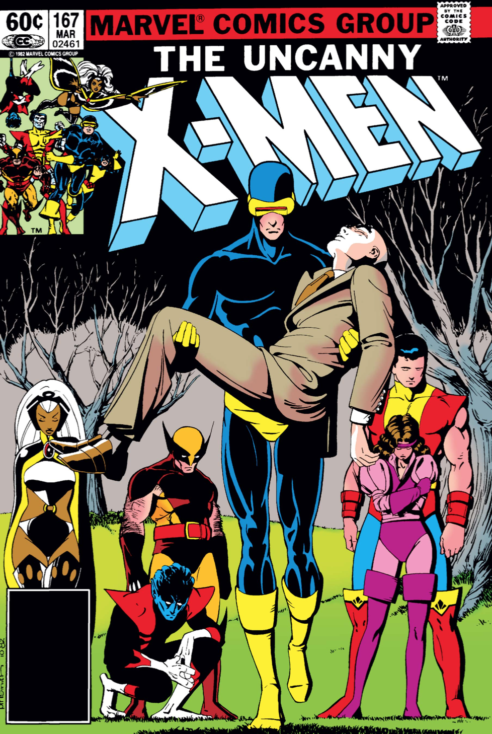 Cover of The Uncanny X-Men #167 with scene of Cyclops holding Professor X pieta-style outside as team looks on