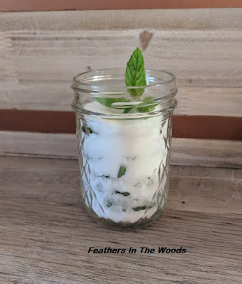 Mint finishing sugar in jar with fresh mint leaf on top