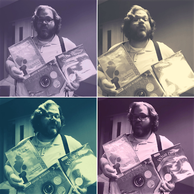 4 similar shots of man holding 3 picture books. Each has a heavily colored filter