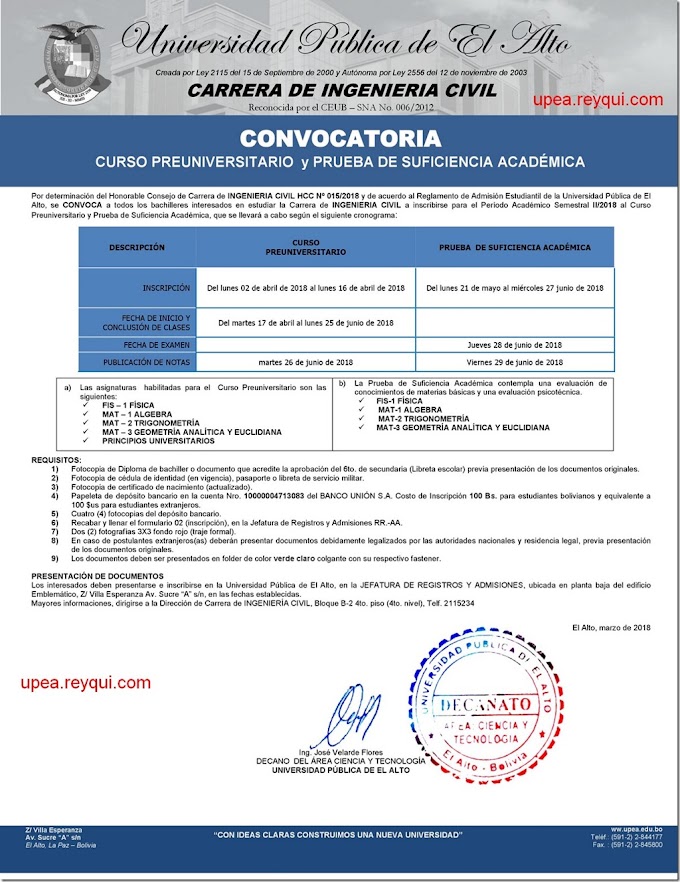 Ingeniería Civil UPEA II/2018: Convocatoria para el Curso Preuniversitario y Prueba de Suficiencia Académica