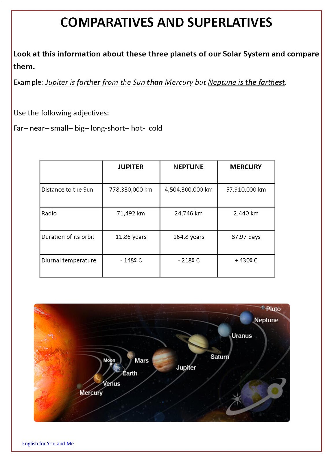 English For You And Me Solar System Exercise