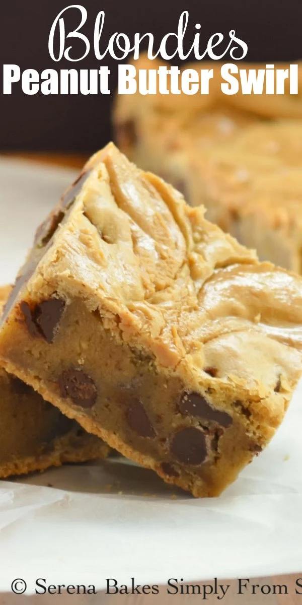 Blondies with Peanut Butter Swirl are the most delicious dessert bar recipe! A toffee flavored brown butter Blondie makes the base loaded with chocolate chips from Serena Bakes Simply From Scratch.