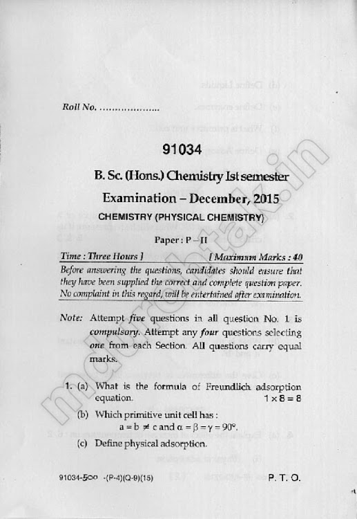 Download Physical Chemistry - Question paper - B.Sc. (Hons.) - Chemistry - 1st semester - Paper 2 - December 2015