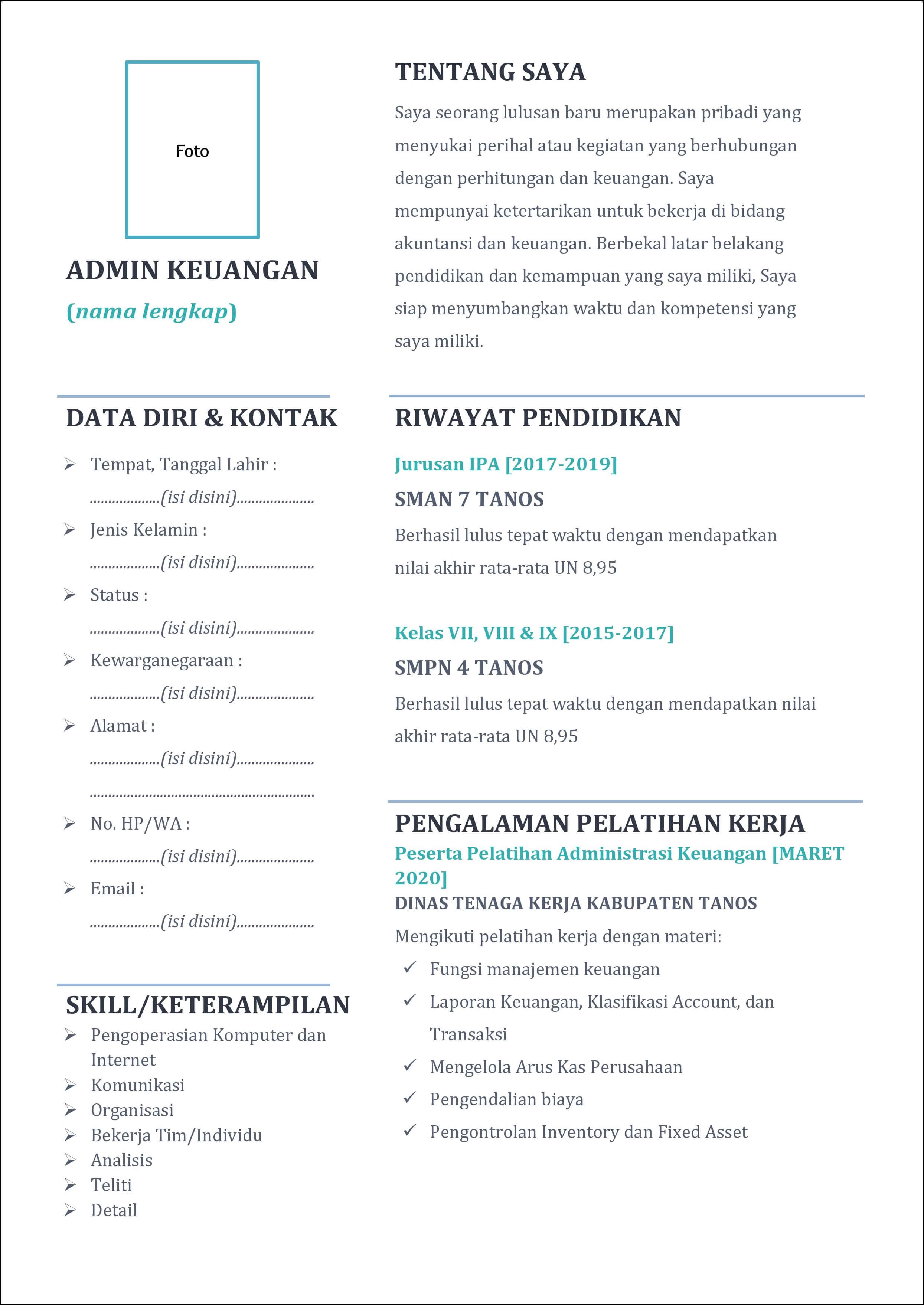 contoh 1 daftar riwayat hidup Admin Keuangan lulusan SMA/SMK/MA/sederajat untuk fresh graduate