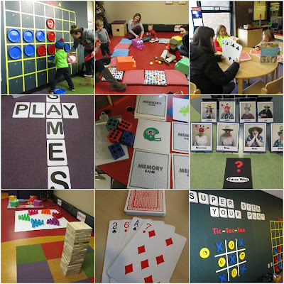 a collage of photos, giant tick tack toe, cards, guess who?, jenga