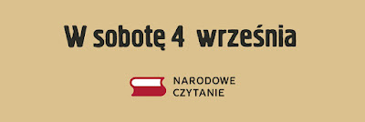 Beżowy poziomy baner, na którym znajduje się czarny napis: W sobotę 4 września. Poniżej napisu flaga Polski i czarny napis Narodowe Czytanie