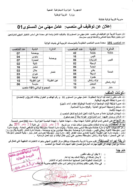 اعلان توظيف عمال مهنيين بمديرية التربية لولاية خنشلة ديسمبر 2016
