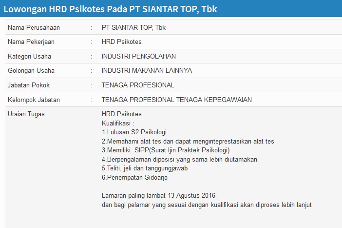 Lowongan Kerja PT SIANTAR TOP Tbk Agustus 2016  Lowongan 