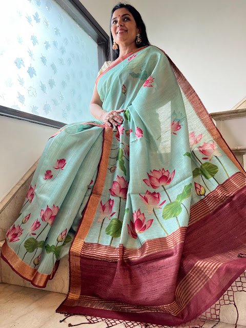 Light blue Pichwai Chanderi silk saree with tussar pallu