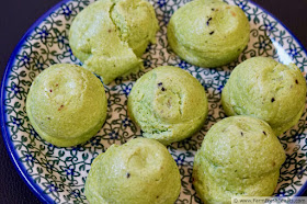 image of Instant Pot Egg Bites with Spinach and Parm on a blue and green Polish pottery plate