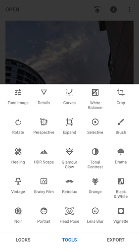 This Screenshot from Snapseed app shows all options you see when you Tap on TOOLS option in Snapseed and many of the options you see would match with any other Photo Editing app for Smartphones, Desktop or web with few exceptions. The tool-set that you get in Snapseed are:  1. Tune Image 