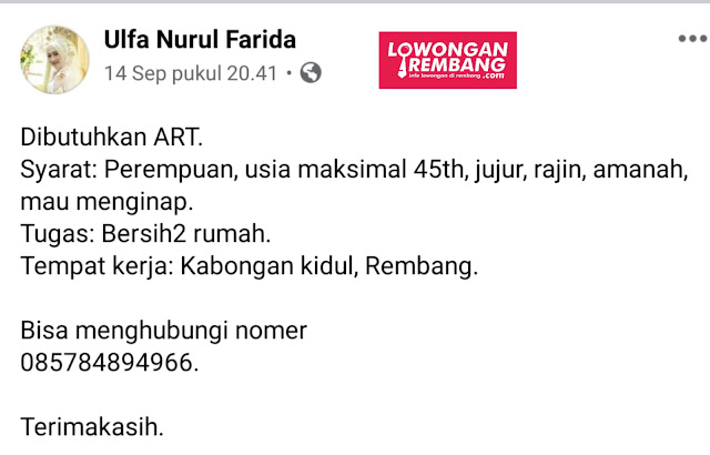 Lowongan Kerja Asisten Rumah Tangga Kabongan Kidul Rembang