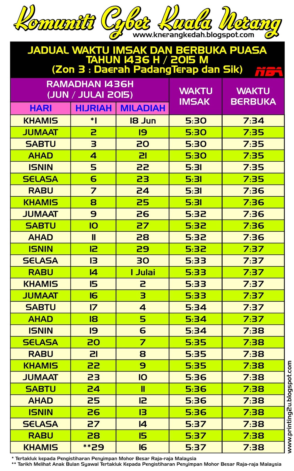 Kuala Nerang: Jadual Waktu Imsak dan Berbuka Puasa 1436H ...
