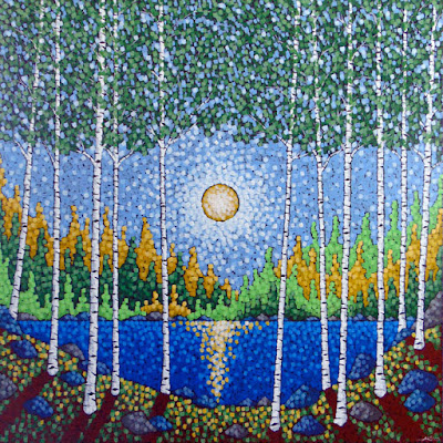 The Landscape of Summer acrylic painting by artist aaron kloss, painting of birch, pointillism, minnesota landscape painting, contemporary landscape painting