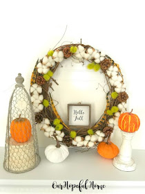 cotton boll wreath pine cones dianthus feathers pumpkins hello fall sign