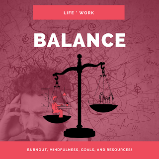 Blog Post Image in pink with a stressed man photo in background. Text says Life work balance. Burnout, mindfulness, goals, and resources.