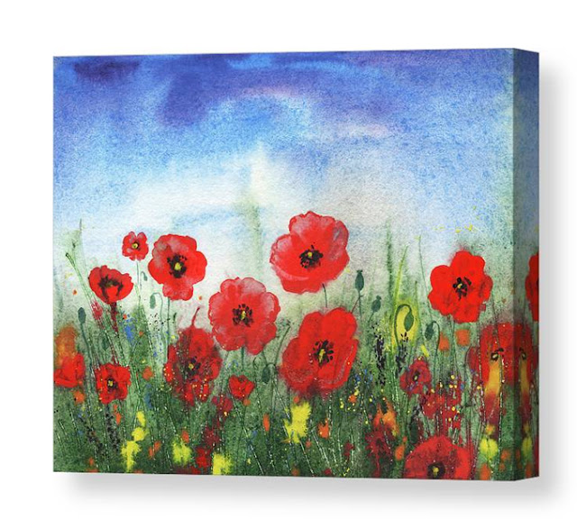 Red Poppies Field Watercolor On Handmade Paper