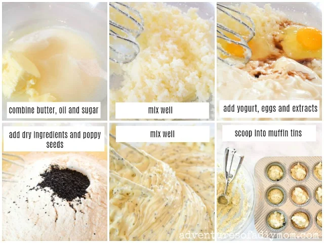 step-by-step collage of how to make poppy seed muffins