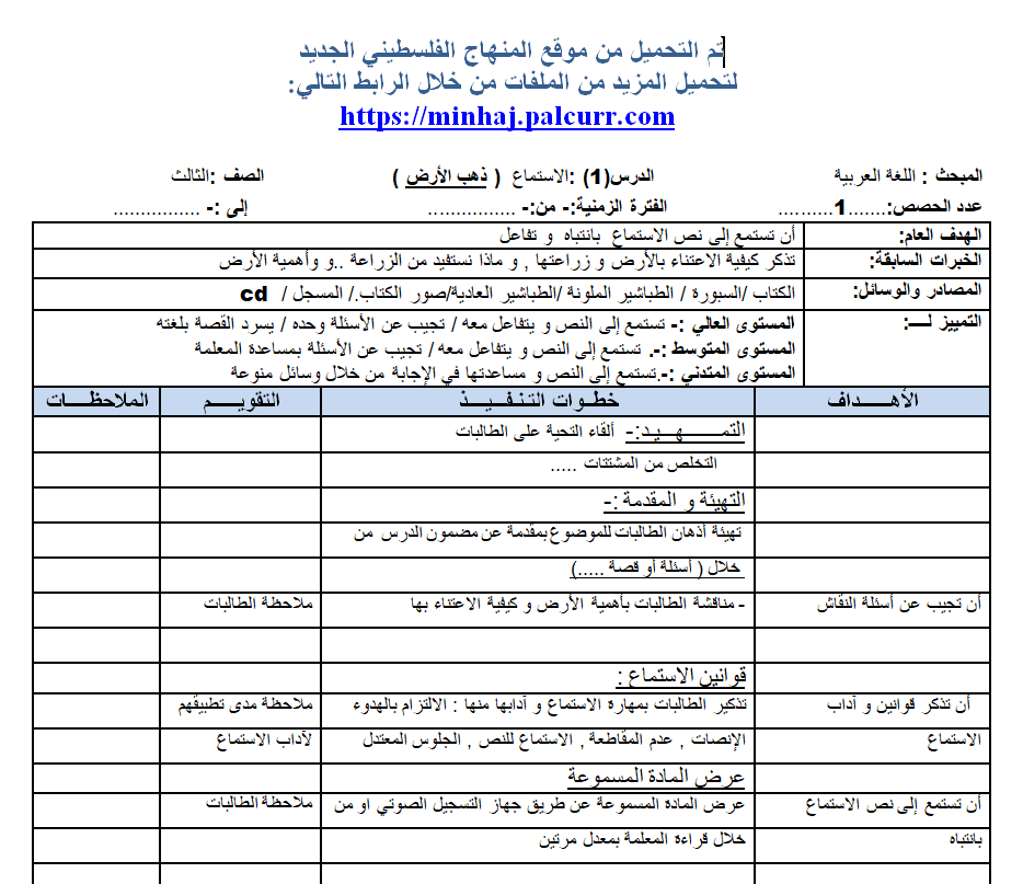 تحضير اللغة العربية للصف الثالث الدرس الاول ذهب الأرض الفصل الاول
