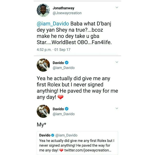 Davido replies D'banj accusation of sign in him ..with the Rolex and 2014