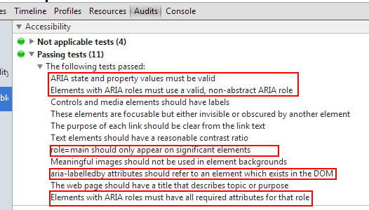 Test sobre el correcto uso de WAI-ARIA en una página con la extensión de Chrome con la extensión Accessibility Tools